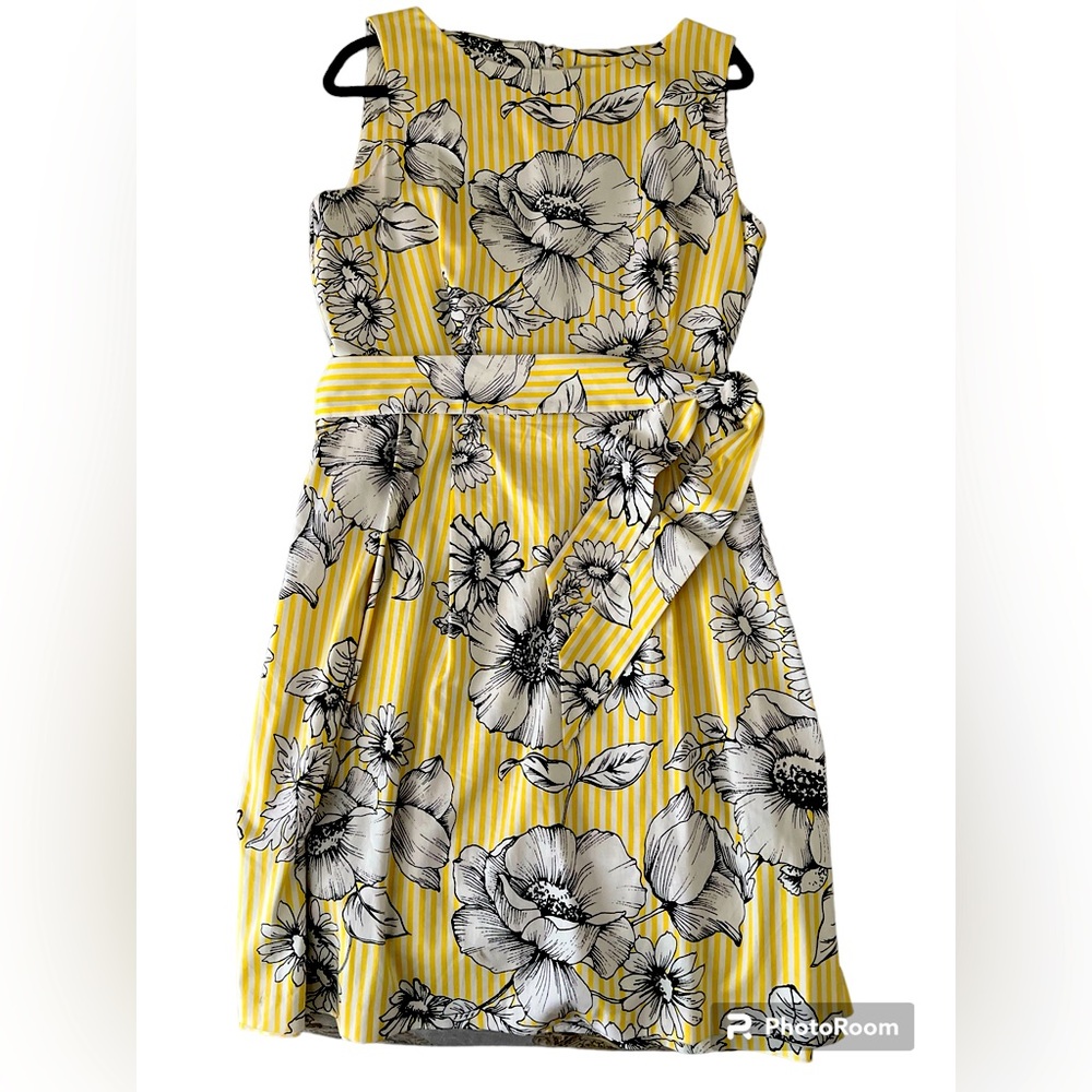 Ladies sleeveless Anne Klein dress,14,yellow/white stripe/ black floral print